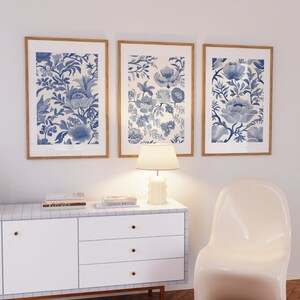 Chinoiserie Wall Art Blue Vintage Floral Print Set of 3 Blue Posters ...