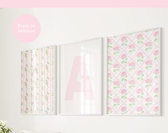 Custom Letter Print Set of 3 Wall Art Pink Girly Dorm Print Personalized Name Print Girls Vintage Floral Monogram Pink Wall Art Pink Stripe