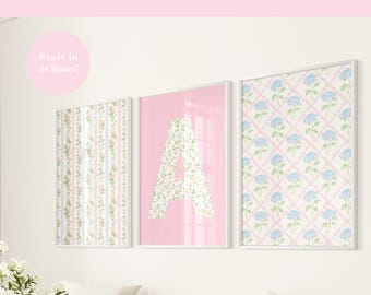 Custom Letter Print Set of 3 Pink Wall Art Dorm Monogram Personalized Name Print Girls Vintage Floral Art Gallery Wall Set Pink Nusery Art