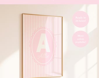 Custom Letter Print Pink Dorm Wall Art Teen Girls Name Print Costal Pink Striped Prints Coquette Decor Pink Nursery Art Intial Print Letter