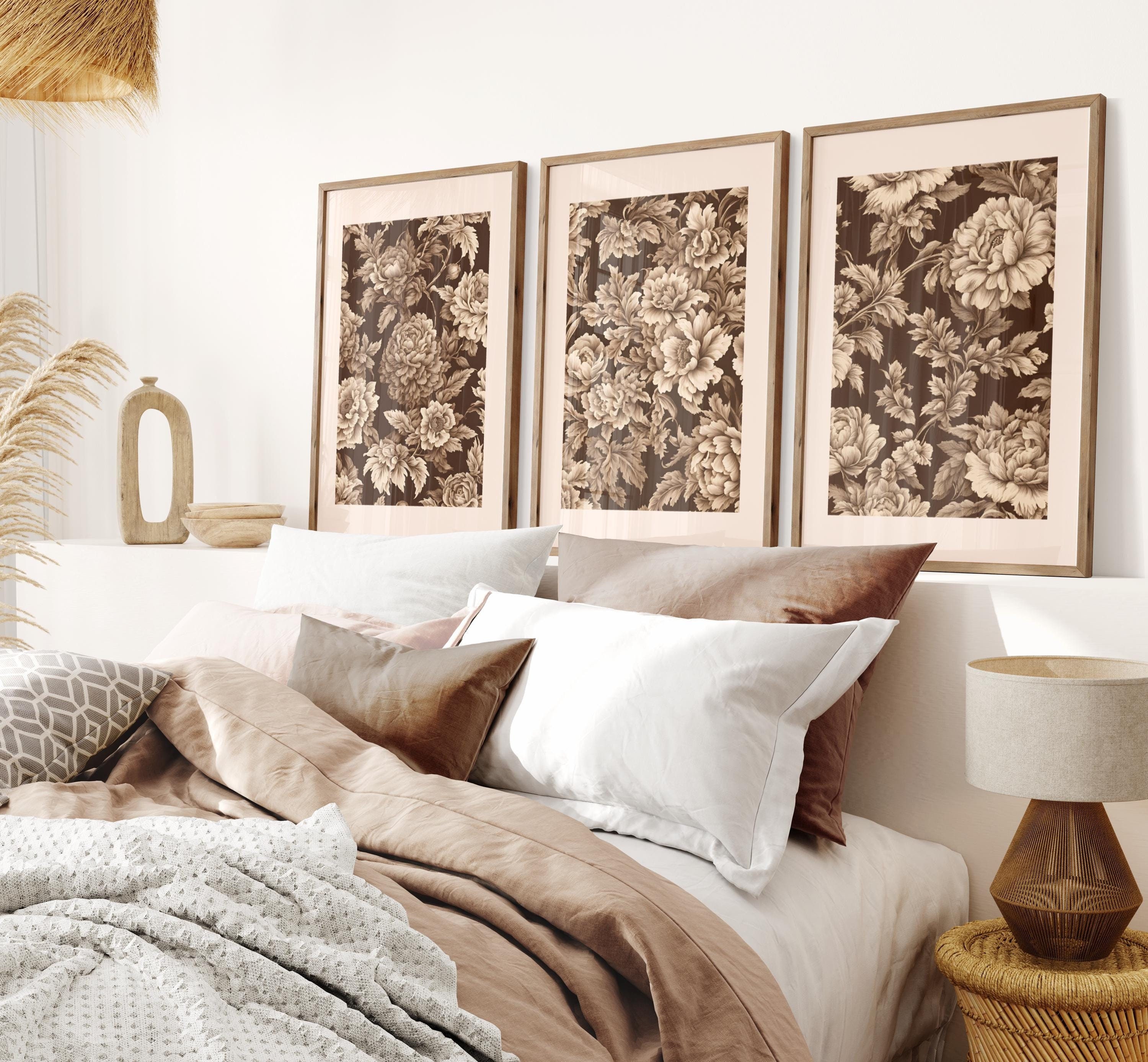 Brown Wall Art Print Vintage Floral Set of 3 Painting Beige Moody Dark ...