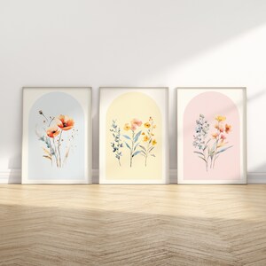 Wildflowers Wall Art Set of 3 Pink Blue Yellow Pastel Floral Dorm Room ...