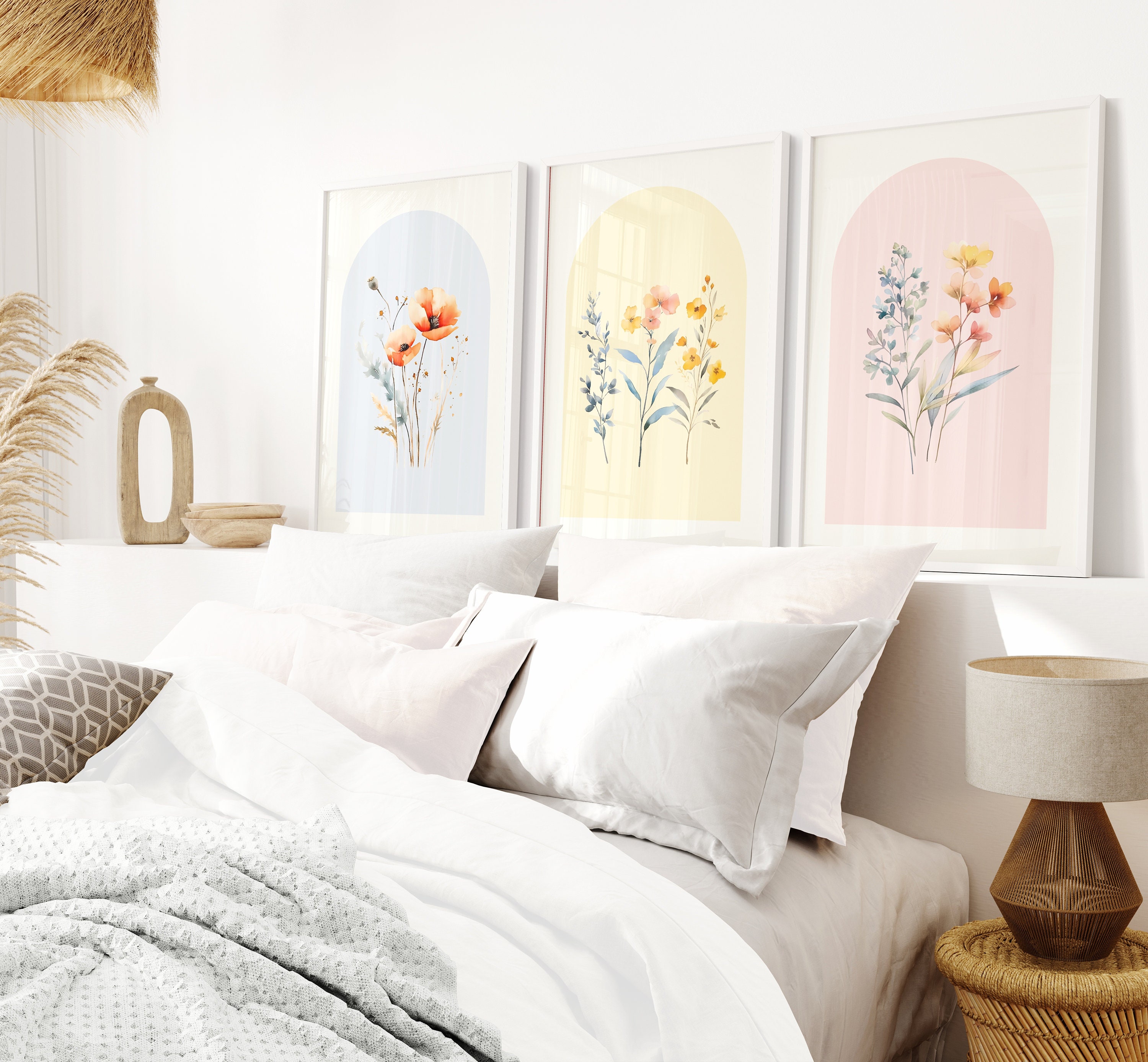 Wildflowers Wall Art Set of 3 Pink Blue Yellow Pastel Floral Dorm Room ...