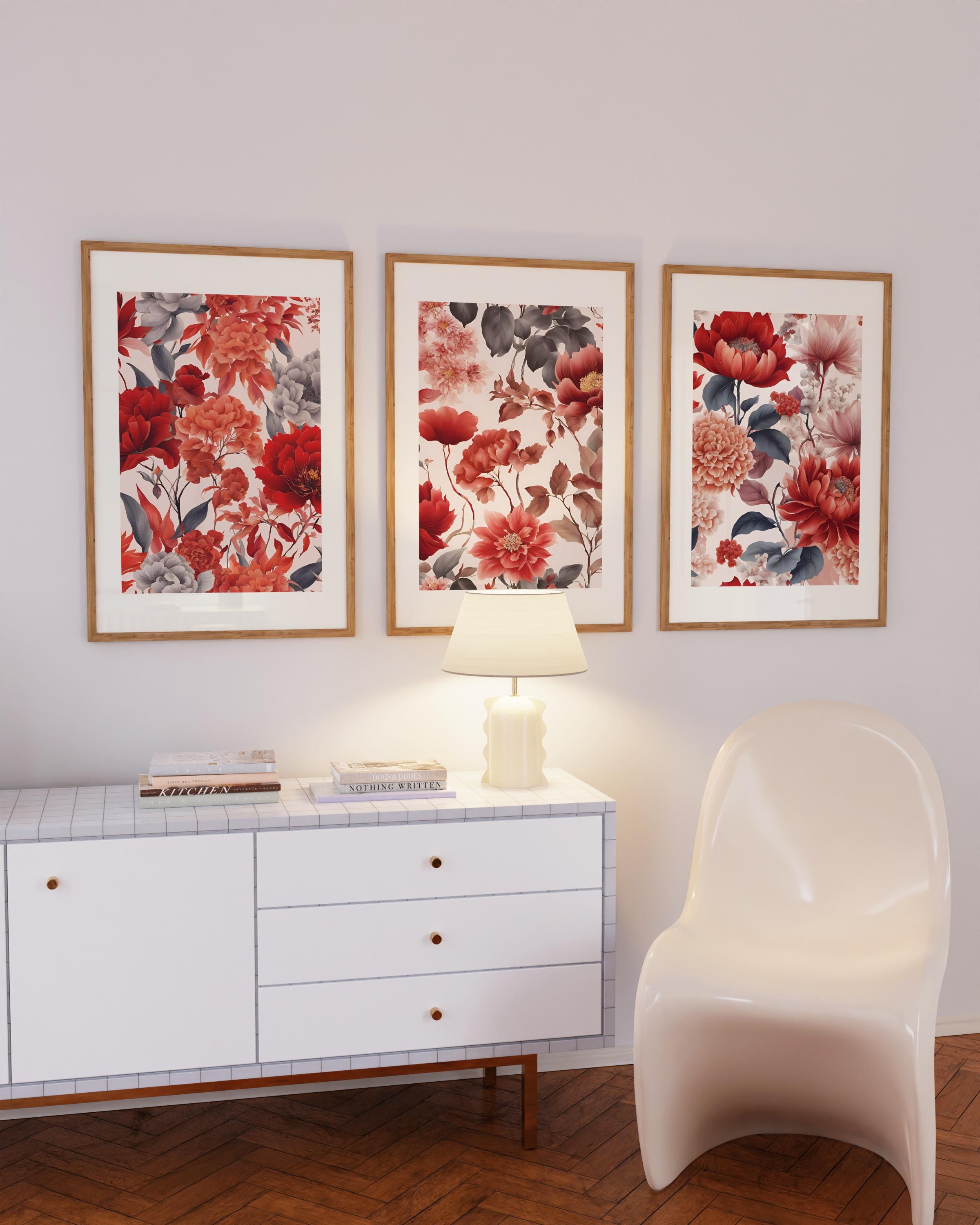 Chinoiserie Wall Art Red Vintage Floral Print Set of 3 Prints Digital ...