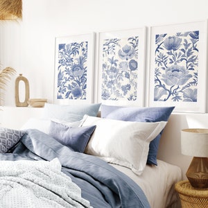 Chinoiserie Wall Art Blue Vintage Floral Print Set of 3 Blue Posters ...