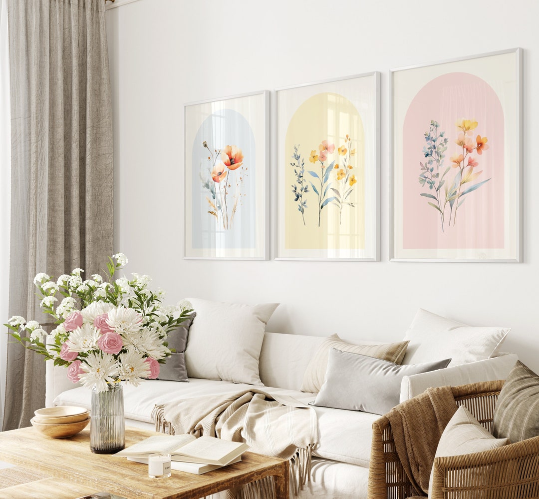 Wildflowers Wall Art Set of 3 Pink Blue Yellow Pastel Floral Dorm Room ...
