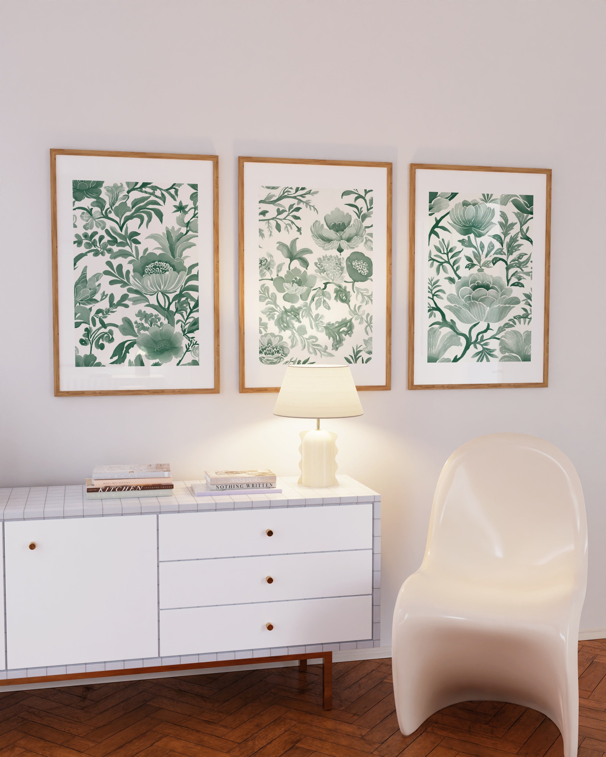 Emerald Green Wall Art Chinoiserie Vintage Dark Floral Print Set of 3 ...