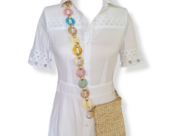 Straw Woven Bag, Shoulder or Crossbody Cute Tote Bag for Women at Beach Travel or Vacation, Acrylic Strap with Gold and Pastel Colors