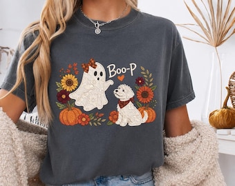 Floral Lace Ghost Dog Boop Faux Patchwork Shirt, Funny Halloween Dog Mom Gift, Boo-P Halloween Ghost Applique tee, Spooky Ghost Dog Lover