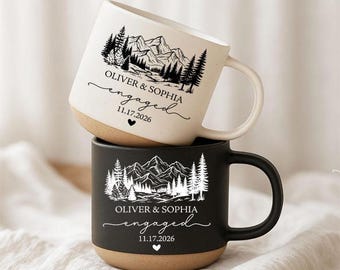 Personalized Engagement Mug, Custom Couple Names Ceramic Cup, Mountain Adventure Engagement Gift, Christmas Gift for Fiancé Fiancée