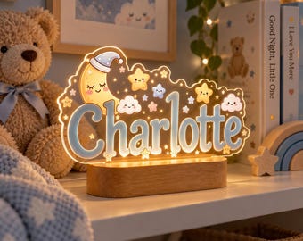 Custom Moon Night Light, Personalized Name Lamp with Wooden Base, Dreamy Star Cloud Nursery Decor, Baby Shower Gift, Kids Keepsake Light