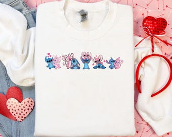Felpa con grafica Stitch Angel Love, maglietta kawaii con cartoni animati di San Valentino, felpa con cappuccio retrò con coppia carina, stampa vintage Disney Lilo & Stitch