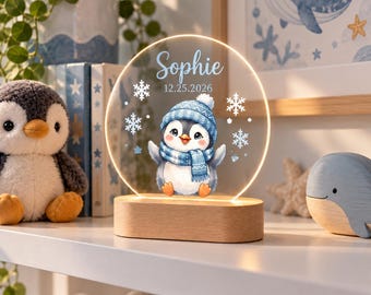 Personalized Penguin Night Light, Custom Name Christmas Lamp, Snowy Animal Nursery Decor, Baby Holiday Gift, Winter Room Night Light