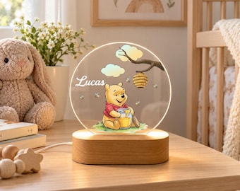 Personalized Pooh Bear Acrylic Night Light,Cute Animals Plaque,Baby LED Night Lamp,Light Up Sign for Kids,bedside lamp,Baby Gifts Birth