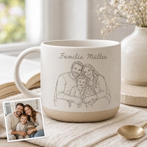 May include: A cream-colored ceramic mug featuring a dark brown line-art illustration of a family of three and a cat. The text "Familie Müller" is printed above the illustration. The mug has a smooth, matte finish and a slightly darker base.
