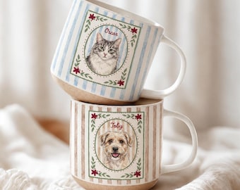 Custom Pet Mug, Personalized Dog or Cat Watercolor Portrait from Photo, Striped Mug for Pet Lovers, Dog Mom Gifts, Cat Mom Gift