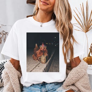 Chicken Drinking Iced Coffee Shirt, Funny Meme T-Shirt, Cursed Image Graphic Tee, Trendy Dank Meme Shirt, Animal Lover Gift