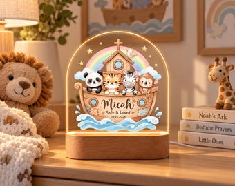Personalized Name Christian Nursery Lamp, Bible Story Animal Night Light, Baby Baptism Gift, Religious Newborn Keepsake