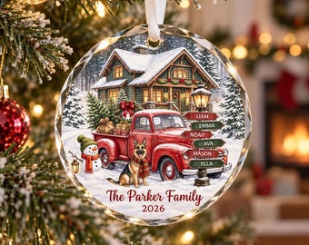 Personalized Family Christmas Ornament 2026, Custom Names & Pets, Blue Truck Glass Ornament, Family Keepsake Holiday Gift