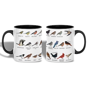 Könnte beinhalten: Eine weiße Keramiktasse mit schwarzem Innenraum und Griff, die Illustrationen verschiedener Vogelarten mit ihren Namen zeigt. Die Vögel sind in verschiedenen Farben und Posen dargestellt, was ein detailliertes und lehrreiches Design ergibt.