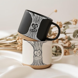 Personalised  Couple Valentines Pottery Mug, Wedding Gift, Custom Carved Initials In A Heart Tree Mug, Engagement Newlywed Gift