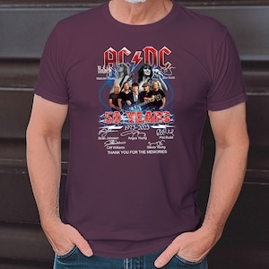 ACDC Band 50th Anniversary 1973 2023 Signature T-Shirt, ACDC TShirt Full Size S 5XL, Rock and Roll Shirt Burgundy Red