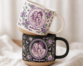 Custom Besties Photo Gift Pottery Mug, Sketch Best Friend Coffee Cup, Personalized Soul Sister Mug