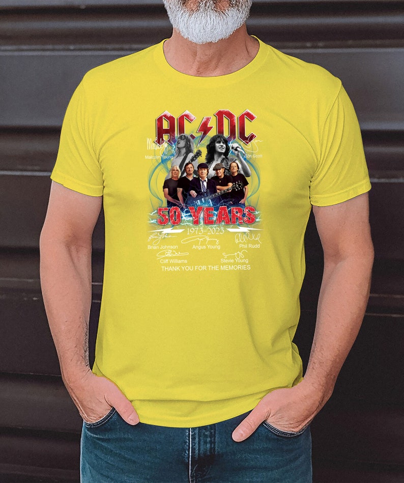 ACDC Band 50th Anniversary 1973 2023 Camiseta exclusiva, camiseta ACDC tamaño completo S 5XL, camisa Rock and Roll Yellow