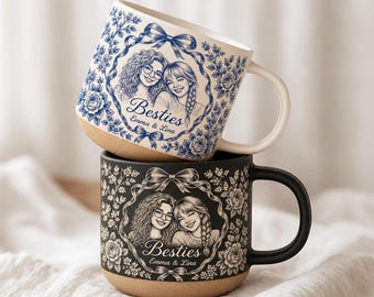 Personalized Besties Photo Pottery Mug, Best Friend Coffee Cup Gift For Birthday, Custom Soul Sister BFF Mug
