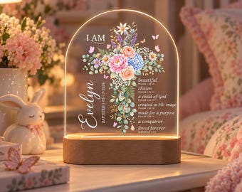 Personalized Baptism Night Light, Floral Cross, Baby Nursery Decor