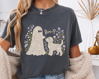 Floral Lace Ghost Dog Boop Faux Patchwork Shirt, Funny Halloween Dog Mom Gift, Boo-P Halloween Ghost Floral tee, Spooky Ghost Dog Lover Gift