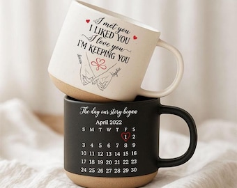 Personalized Date Anniversary Pottery Mug, Custom The Story Begin Couple Cup , Romantic Coffee Mug for Husband, Boyfriend Valentine Day Gift