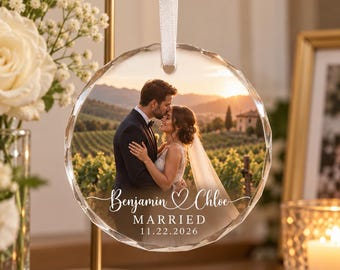 Personalized Photo Keepsake for Couples, Engagement or Wedding Memory Bauble, Custom Names and Date, Couples Round Glass Ornament