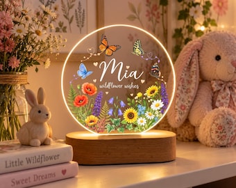 Personalized Girl Name Night Light, Floral Butterfly Nursery Lamp, Custom Girl Bedroom Decor, Wildflower Birthday Gift for Daughter