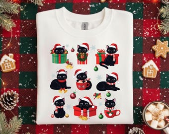 Weihnachtskatze Shirt, Lustige Schwarze Katzen Weihnachten T-shirt, Festliche Katzen Sweatshirt, Geschenk für Katzenliebhaber, Winter Outfit