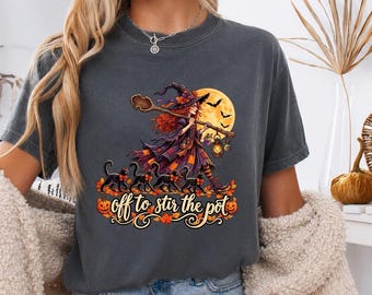 Off to Stir The Pot Witch Black Cat Halloween Spooky Shirt T-Shirt