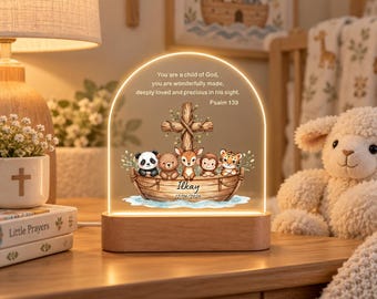 Personalized Baptism Led Night Light, Custom Name Christening Gift for Baby, Christian Nursery Lamp, Baby Dedication Gift, Bible, Noah's Ark