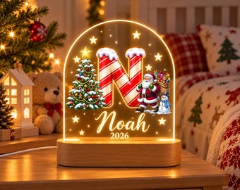 Personalized Christmas Initial LED Night Light, Custom Name Nursery Lamp, Kids Bedroom Decor, Holiday Bedside Light, Christmas Gift