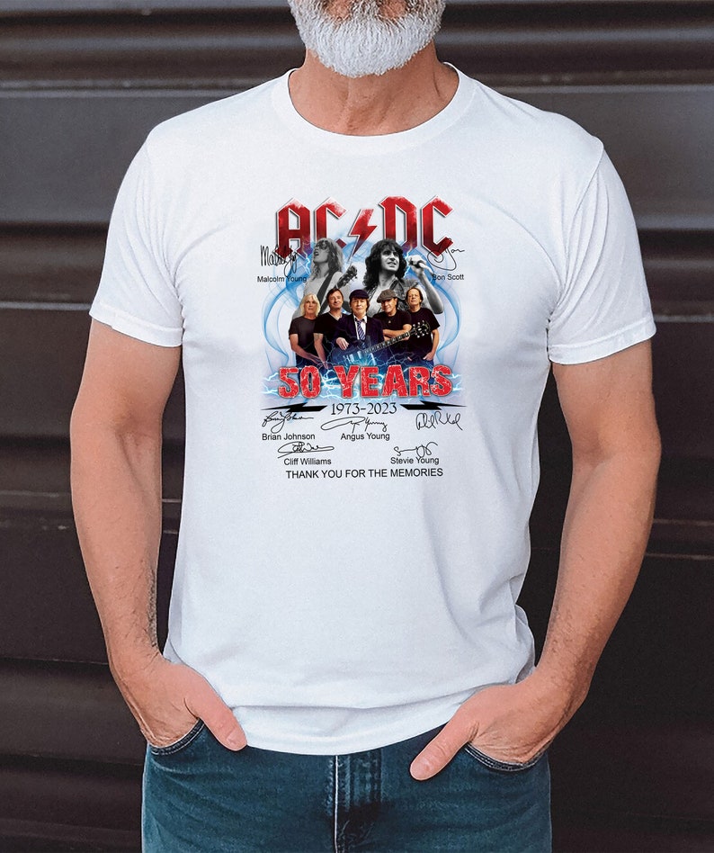 ACDC Band 50e anniversaire 1973 2023 T-shirt signature, ACDC TShirt pleine taille S 5XL, chemise Rock and Roll White