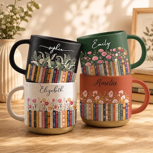 Custom Name & Birthflower Pottery Mug, Personalized Gift for Book Lovers, Book Clubs, Librarian Mug, Floral Reading Cup, Bookish Gift