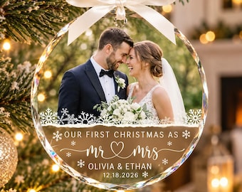 Personalized Our First Christmas Married Ornament, Custom Wedding Photo Ornament, Mr and Mrs Ornament, Wedding Gift for Newlyweds