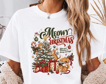Meowy Christmas Shirt, Black Cat Christmas Tree Tee, Cute Kitty Holiday Graphic, Cat Mom Christmas Gift, Women's Novelty Shirt