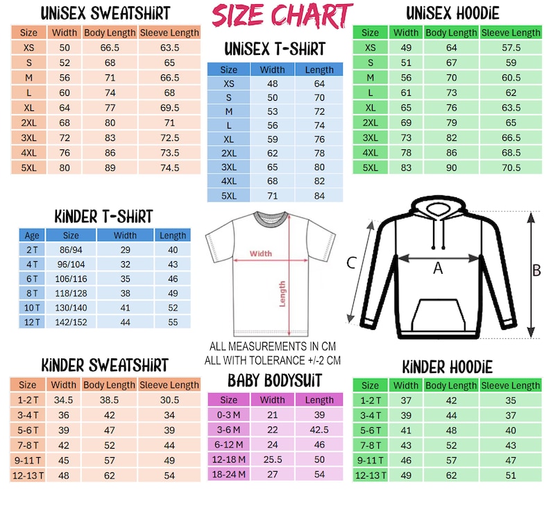Pu&ograve; includere: Tabella delle taglie in centimetri per felpe, t-shirt e felpe con cappuccio unisex, oltre a t-shirt, felpe, felpe con cappuccio e body per bambini. Include larghezza, lunghezza del corpo e lunghezza della manica.