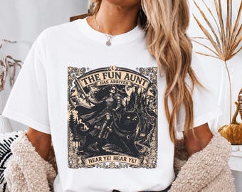 The Fun Aunt Has Arrived Shirt, Fantasy Cat Rider Tee, Vintage Gothic Graphic Shirt, Medieval Witch Cat T-Shirt, Cool Aunt Gift
