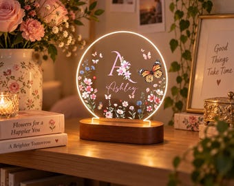 Personalized Name Night Light, Butterfly Flower LED Lamp, Custom Acrylic Light with Wooden Base, Gift for Her, Bedroom Decor