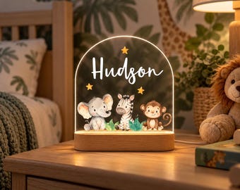 Personalized Safari Animal LED Night Light, Kids Nursery Decor, Birthday Gift for Boy/Girl