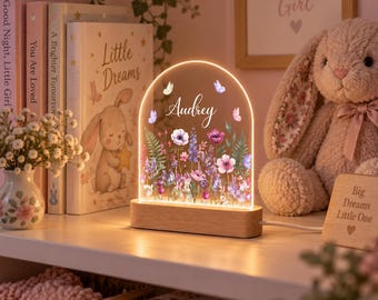 Custom Name Floral LED Lamp, Butterfly Nursery Decor, Birthday or Baby Keepsake Gift Personalized Wildflower Night Light