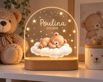 Personalized Sleeping Teddy Bear Night Light, Custom Baby Name and Birth Date LED Lamp, Nursery Decor, Newborn Gift, Baby Shower Keepsake