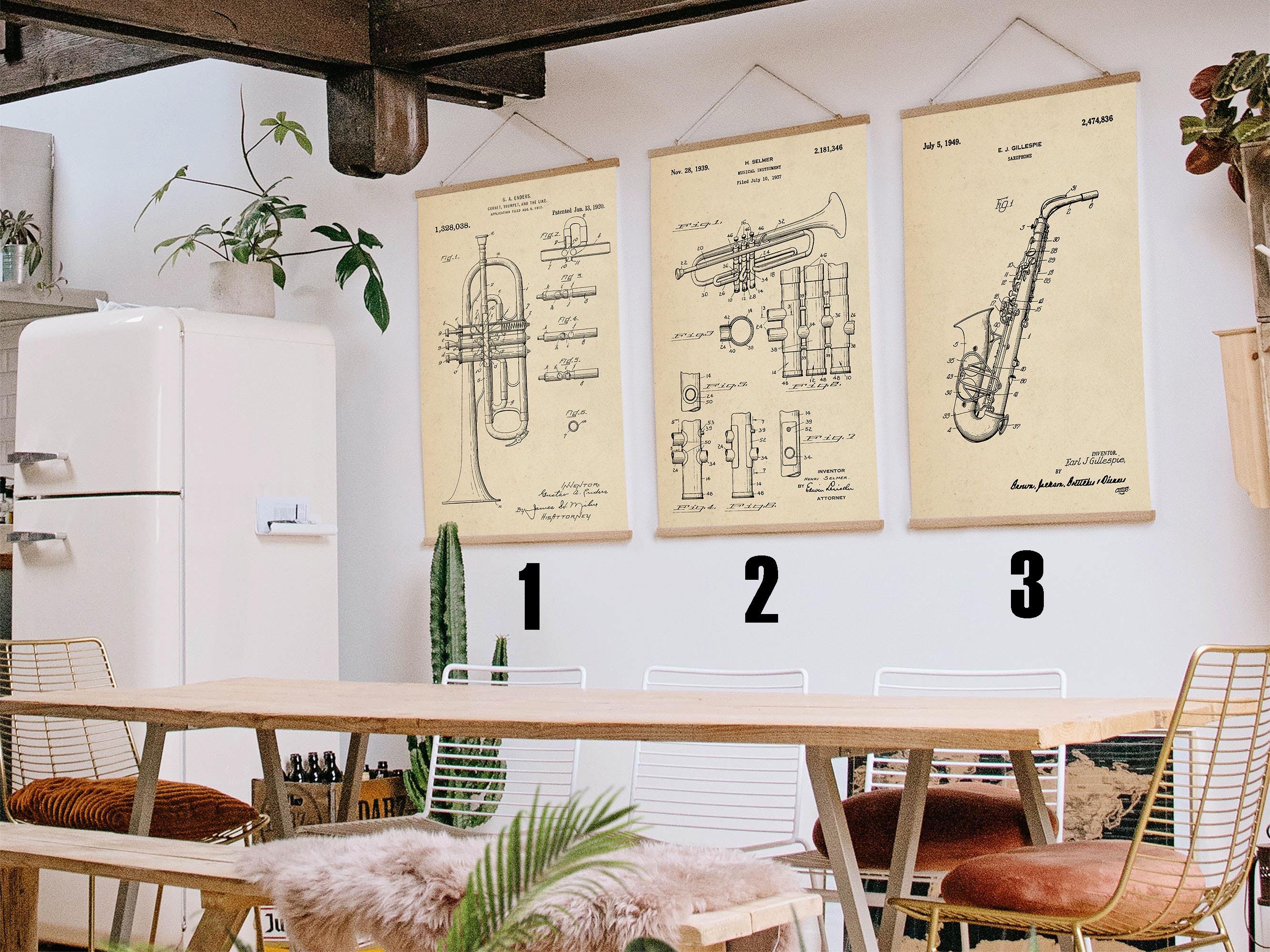 Music Instruments Patent Posters, Trombone, Saxophone, Jazz Poster, Music Gift, Vintage Print, Choose one or all set