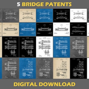 5 Bridge Patent Poster Prints, Digital Download, Automotive, Mechanical Civil Engineering Gifts, Architecture Prints, Blueprint, Vintage